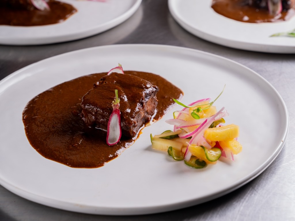 Braised beef in dark mole sauce with a fresh pickled vegetable salad