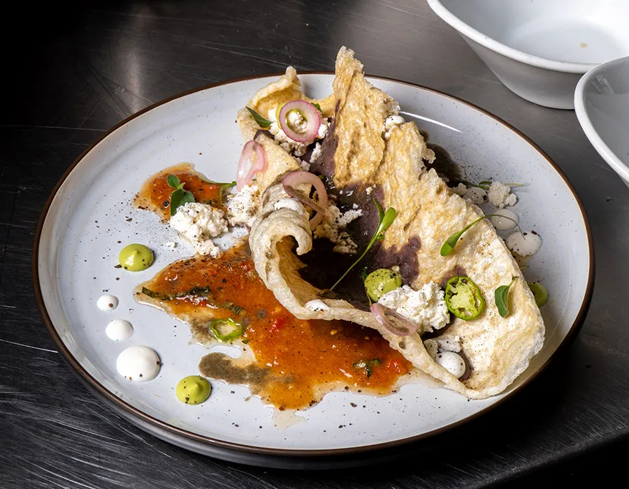 Plated dish with crispy tortilla, crumbled cheese, pickled onions and colorful salsas