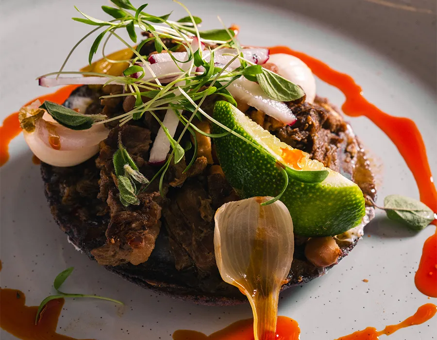 Close-up of a tostada topped with braised meat, lime, pearl onions and microgreens